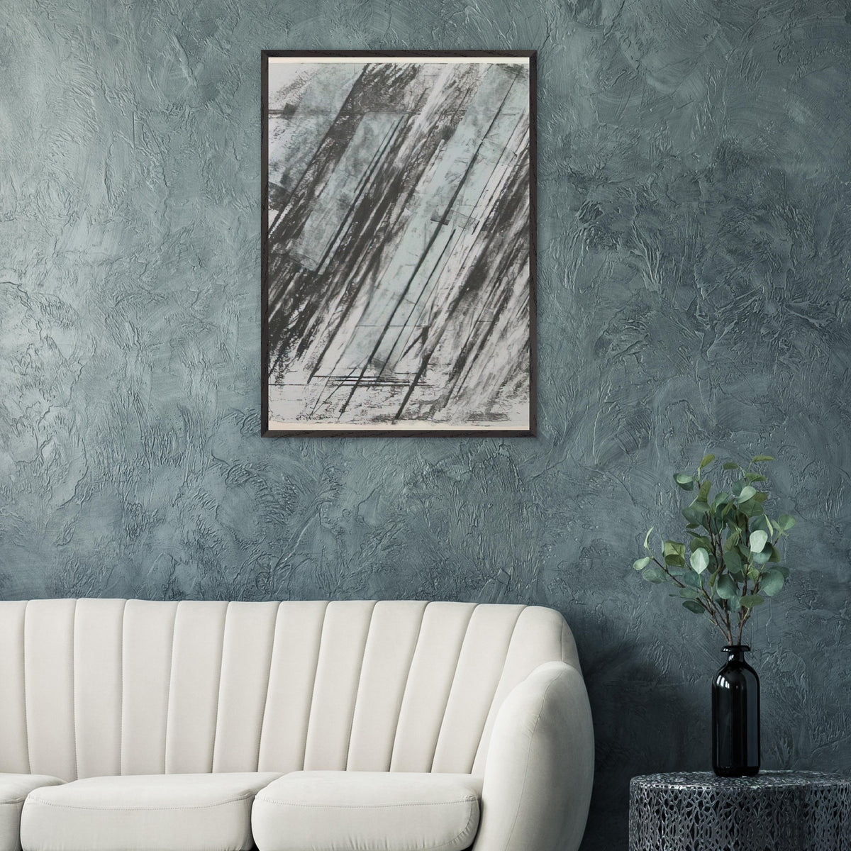 Untitled (Bastian 38) by Cy Twombly, framed art print, powerful diagonal strokes, layered black and gray marks