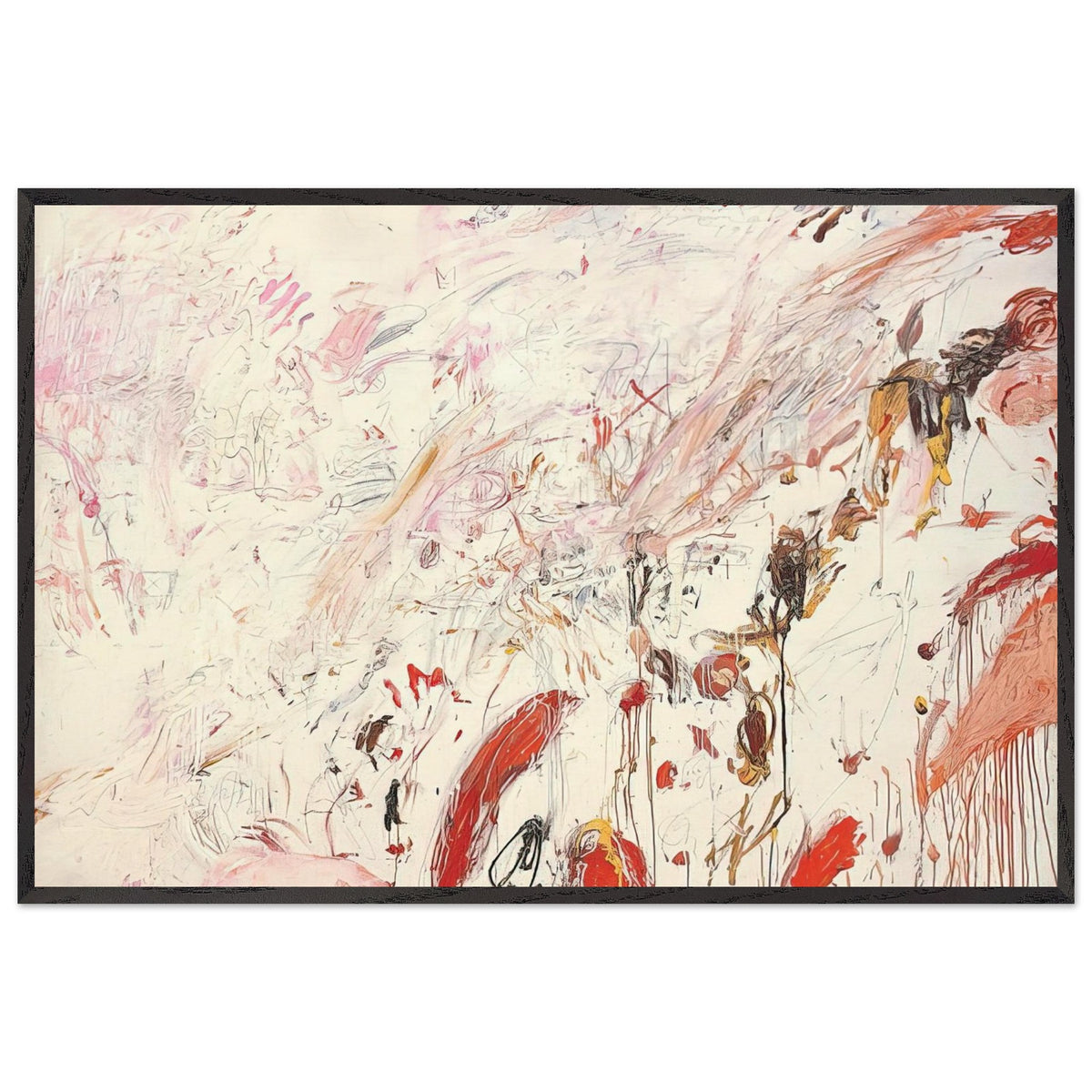Ferragosto III by Cy Twombly framed art print; featuring energetic brushstrokes, delicate scribbles, and layered gestures in shades of red, pink, rust, orange, ochre; size 800 × 1200 mm (32 × 48 in); wood frame.