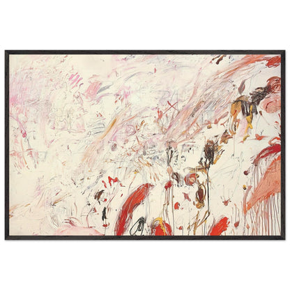 Ferragosto III by Cy Twombly framed art print; featuring energetic brushstrokes, delicate scribbles, and layered gestures in shades of red, pink, rust, orange, ochre; size 800 × 1200 mm (32 × 48 in); wood frame.