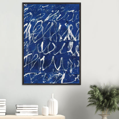 Untitled by Cy Twombly, framed art print, deep blue ground covered with energetic white brushstrokes, looping